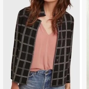 Anthropologie Windowpane Plaid Knit Blazer Jacket Black White xs